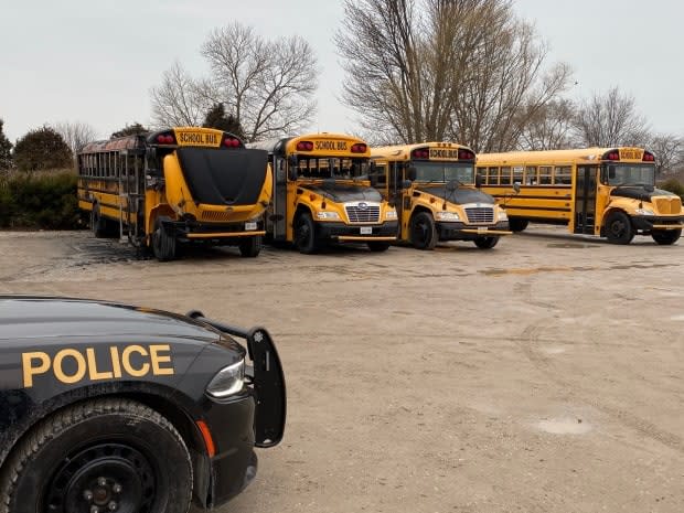 The Greater Essex County District School Board says some school buses may be cancelled or delayed Thursday. OPP in Leamington confirm an incident of arson which destroyed two buses and damaged four others early this morning.  (Submitted by OPP - image credit)