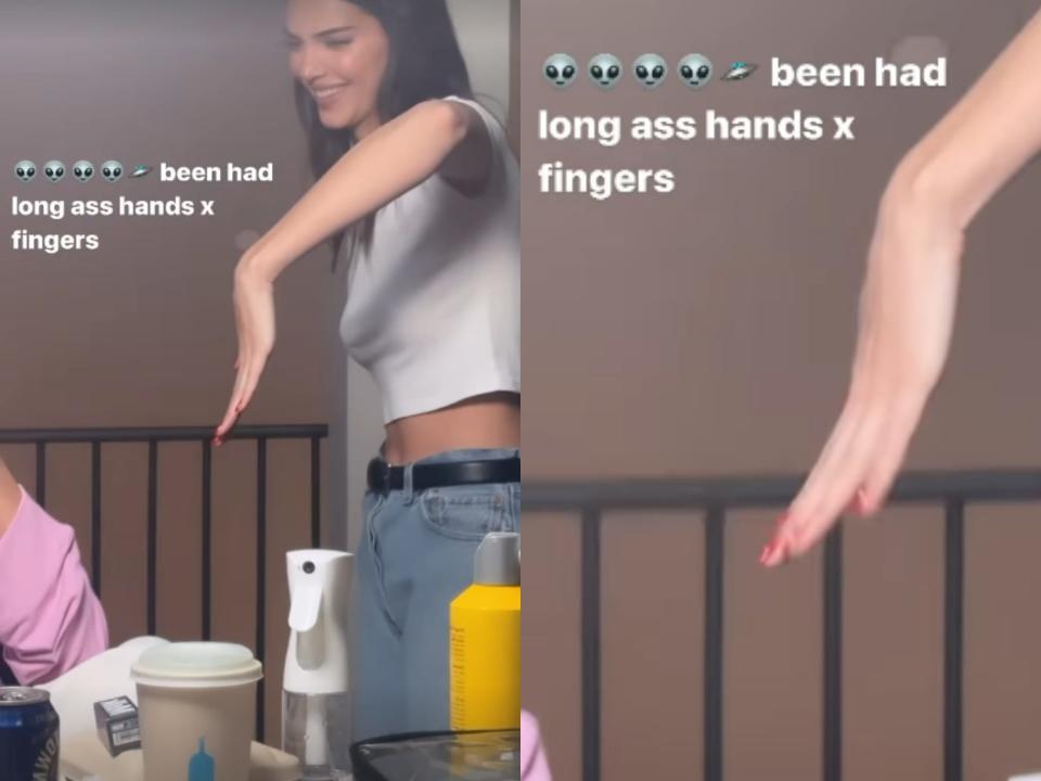 two side by side photos from hailey bieber's instagram story showing kendall jenner flexing her wrist to show off her long hand and fingers while smiling. an onscreen caption has alien emoji and reads "been had long ass hands x fingers"