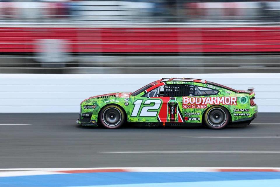 NASCAR Cup Series driver Ryan Blaney nears the first turn during the Coca-Cola 600 on Monday, May 29, 2023 at Charlotte Motor Speedway.