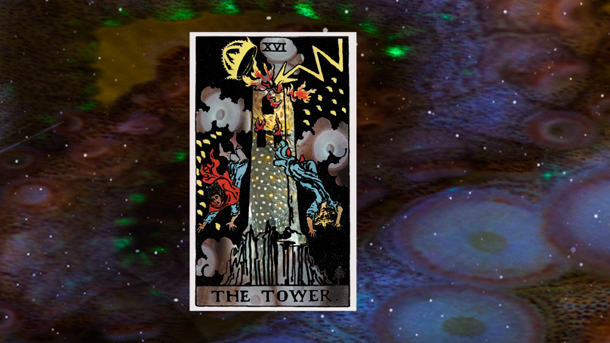 the tower tarot card over a blue and green background