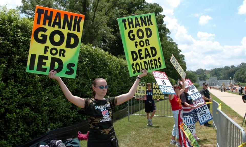 Megan Phelps-Roper protesting for Westboro Baptist Church.