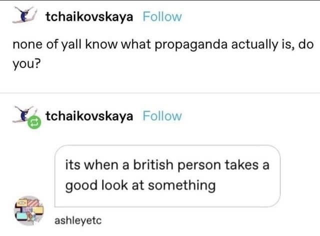 someone asks, none of y'all know what propaganda actually is do you, and a person responds, it's when a british person takes a good look at something