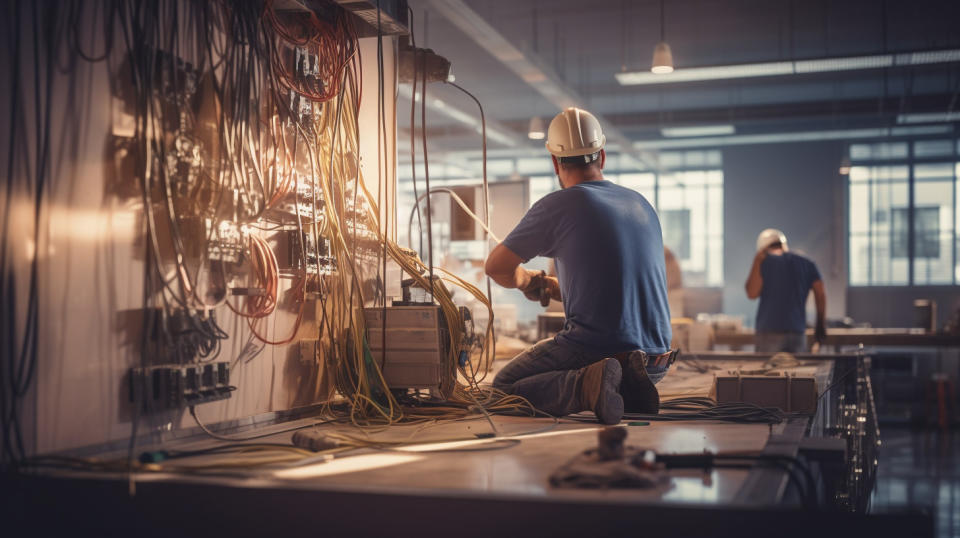 A construction crew working on a modern electrical installation in a commercial building.