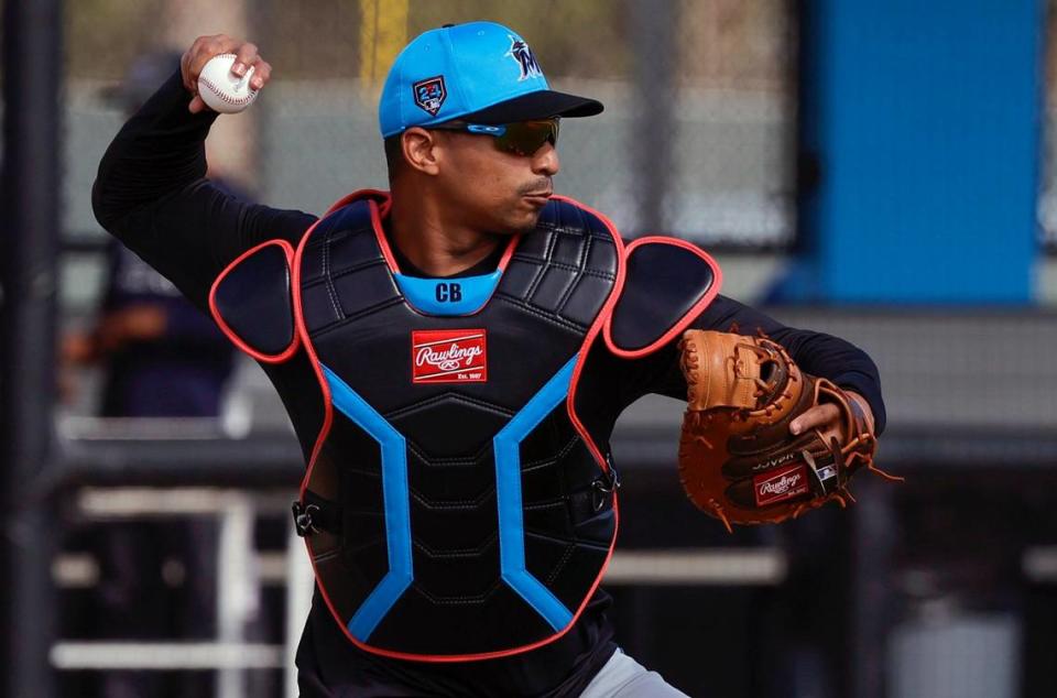 Marlins catcher Christian Bethancourt goes through a defensive drill during Miami Marlins pitchers and catchers spring training workout at Roger Dean Chevrolet Stadium in Jupiter, Florida on Thursday, February 15, 2024.