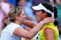 Kim Clijsters of Belgium congratulates Laura Robson of Great Britain after their women's singles second round match on Day Three of the 2012 US Open at USTA Billie Jean King National Tennis Center on August 29, 2012 in the Flushing neigborhood of the Queens borough of New York City. (Photo by Cameron Spencer/Getty Images)