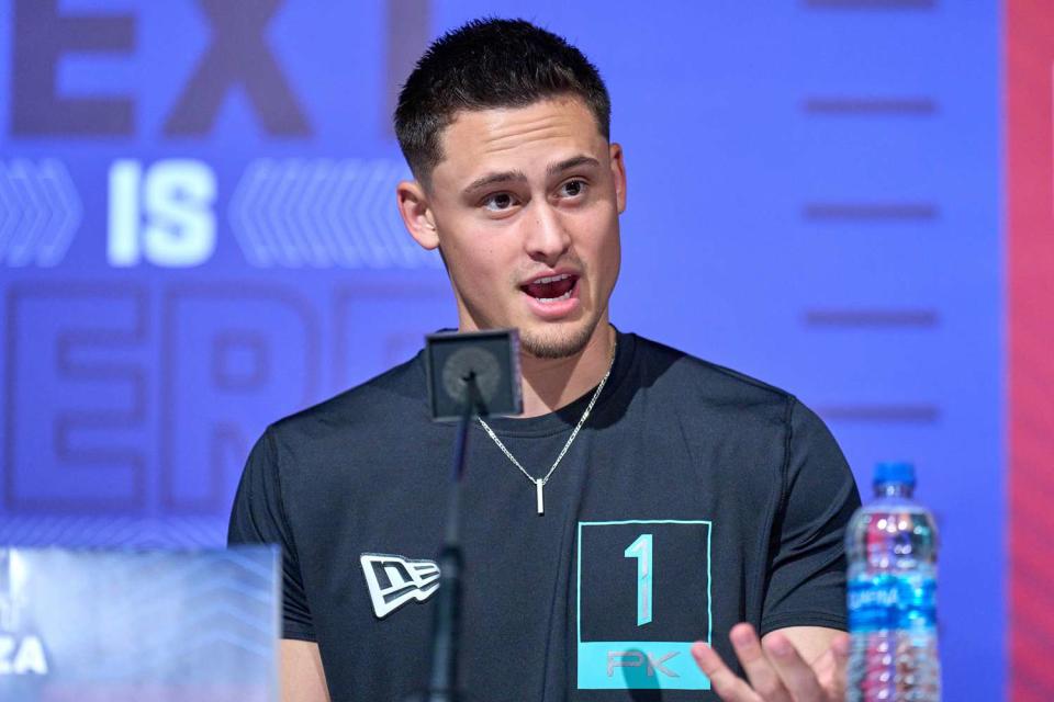 <p>Robin Alam/Icon Sportswire via Getty</p> San Diego State punter Matt Araiza answers questions from the media during the NFL Scouting Combine on March 5, 2022