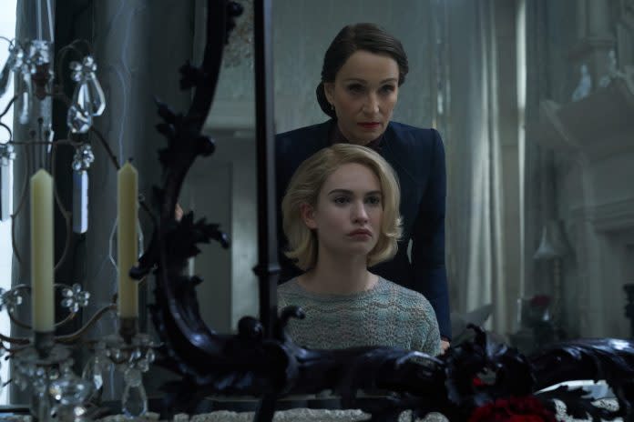 Kristin Scott Thomas as Mrs Danvers and Lily James as Mrs de Winter in Ben Wheatley’s ‘Rebecca' (Netflix)