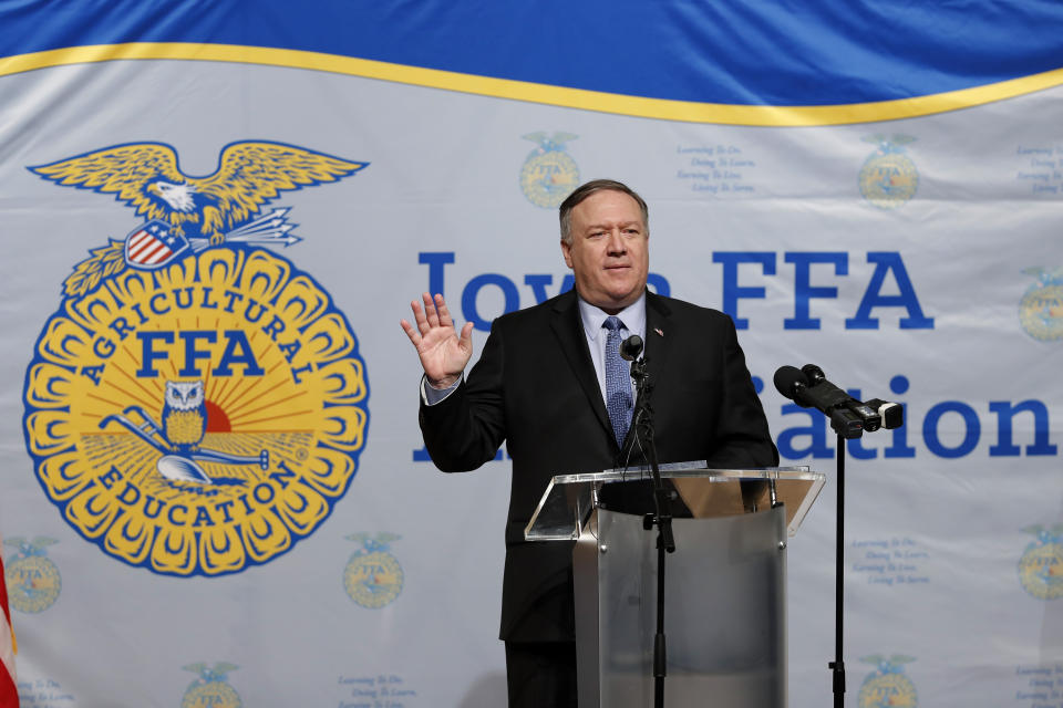 Secretary of State Mike Pompeo speaks to the Future Farmers of America and Johnston High School students, Monday, March 4, 2019, in Johnston, Iowa. (AP Photo/Charlie Neibergall)
