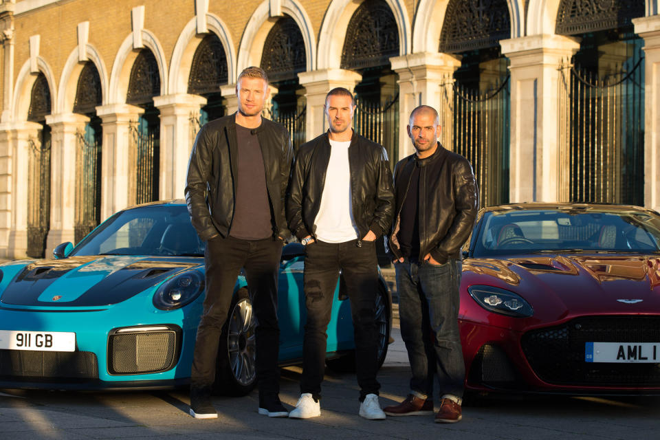 Andrew 'Freddie' Flintoff, Paddy McGuinness and Chris Harris with a Porsche 911 GT2 RS and an Aston Martin DBS Superleggera at Billingsgate Market, London as they are revealed as BBC Top Gear's new presenting line-up. (Credit: PA)