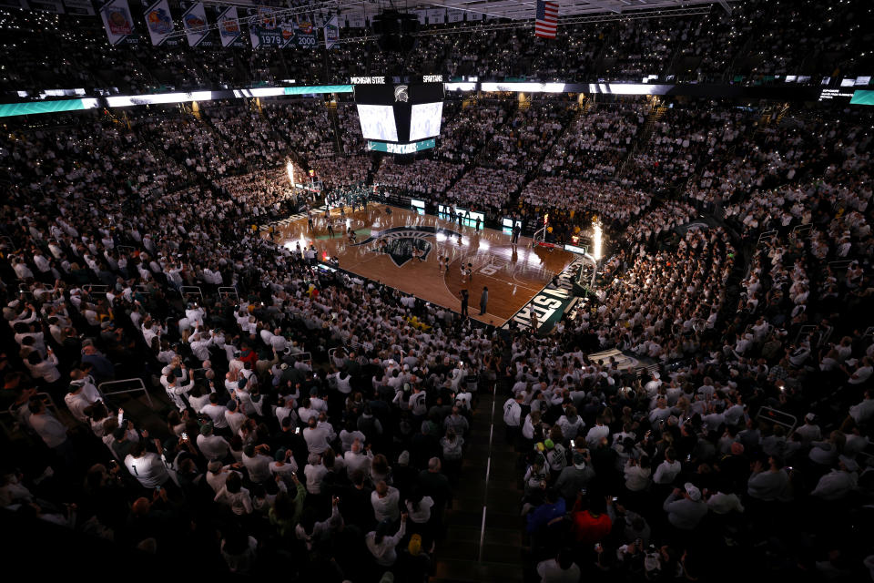 Michigan State players are introduced before their NCAA college basketball game against Michigan, Saturday, Jan. 7, 2023, in East Lansing, Mich. (AP Photo/Al Goldis)