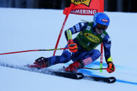 United States' Mikaela Shiffrin speeds down the course during an alpine ski, women's World Cup giant slalom, in Semmering, Austria, Tuesday, Dec. 27, 2022. (AP Photo/Piermarco Tacca)