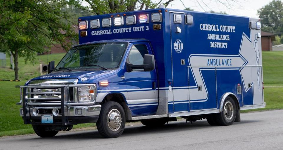 A Carroll County ambulance leaves a call for service with its lights and sirens activated on Tuesday, Aug. 8, 2023, in Carrollton, Mo.