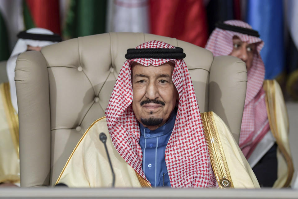 Saudi Arabia's King Salman bin Abdulaziz attends the opening of the 30th Arab Summit in Tunis, Tunisia, Sunday, March 31, 2019. Leaders meeting in Tunisia for the annual Arab League summit on Sunday were united in their condemnation of Trump administration policies seen as unfairly biased toward Israel but divided on a host of other issues, including whether to readmit founding member Syria. (Fethi Belaid/ Pool photo via AP)