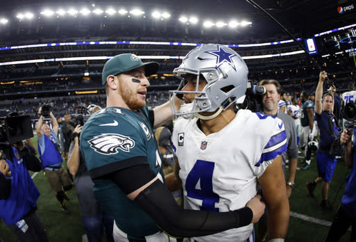 The Eagles will hope Carson Wentz’s mobility proves to be an x-factor in taking down the NFC East-leading Cowboys. (AP Photo/Ron Jenkins, File)