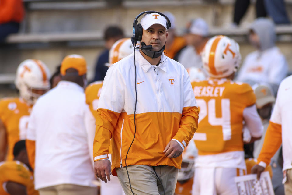 FILE - Tennessee coach Jeremy Pruitt watches during the first half of the team's NCAA college football game against Florida in KNoxville, Tenn., in this Saturday, Dec. 5, 2020, file photo. Tennessee fired Pruitt Monday, Jan. 18, 2021. (Randy Sartin/Knoxville News Sentinel via AP, Pool, File)