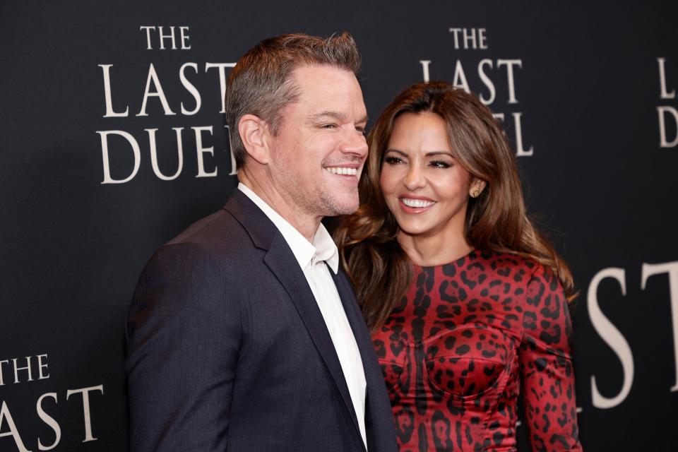 Matt Damon and Luciana Barroso attend "The Last Duel" New York Premiere at Rose Theater at Jazz at Lincoln Center's Frederick P. Rose Hall on October 09, 2021