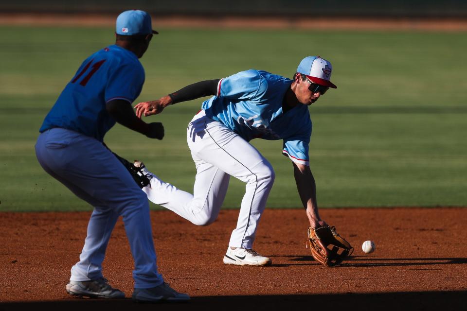 Hooks shortstop Shay Whitcomb (6) fields a ground ball in a game against Midland on Thursday, July 7, 2022 at Whataburger Field in Corpus Christi, Texas.