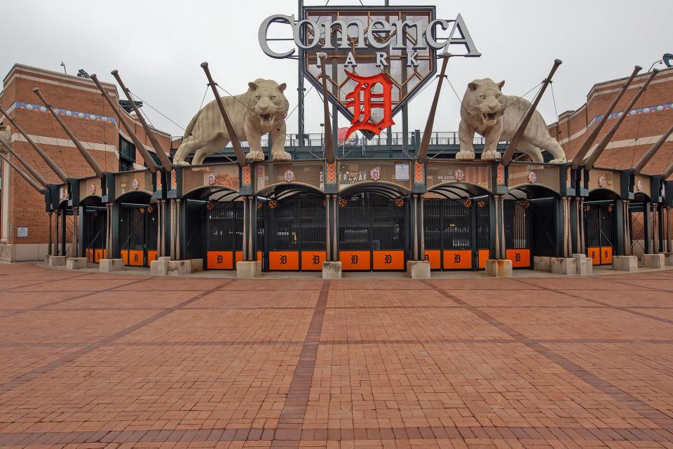 Streets and parking lots surrounding Comerica Park in downtown Detroit were nearly empty on Friday, March 27, 2020 during a state order for residents to stay at home amid the coronavirus pandemic.
