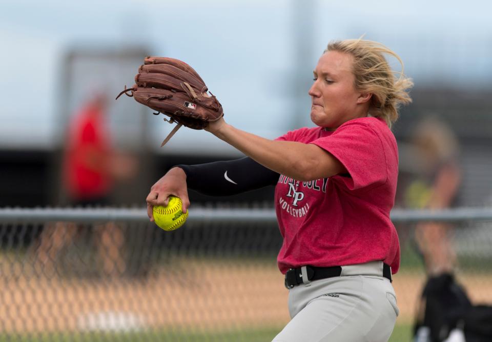 North Posey’s Erin Hoehn (11) pitches as the vikings practice before heading to state Wednesday, June 9, 2022. 