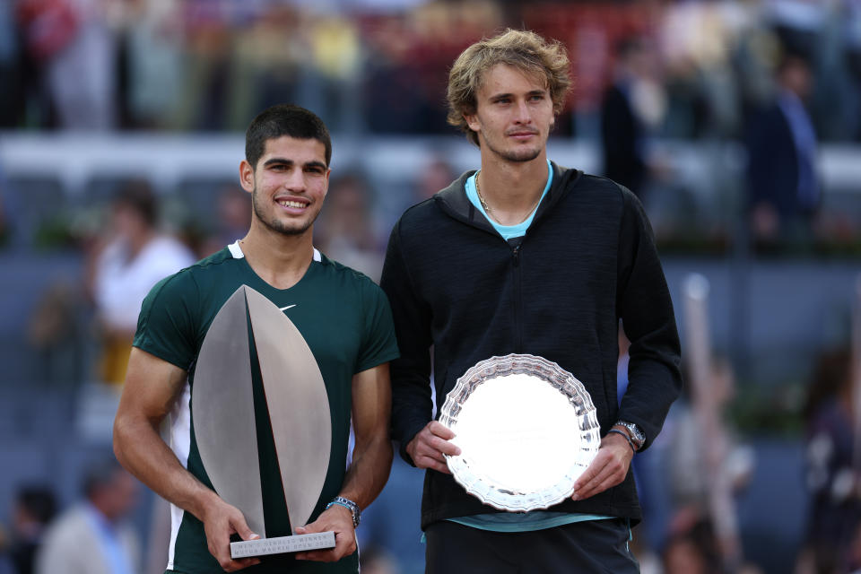 Carlos Alcaraz and Alexander Zverev, pictured here with their trophies after the Madrid Open final.