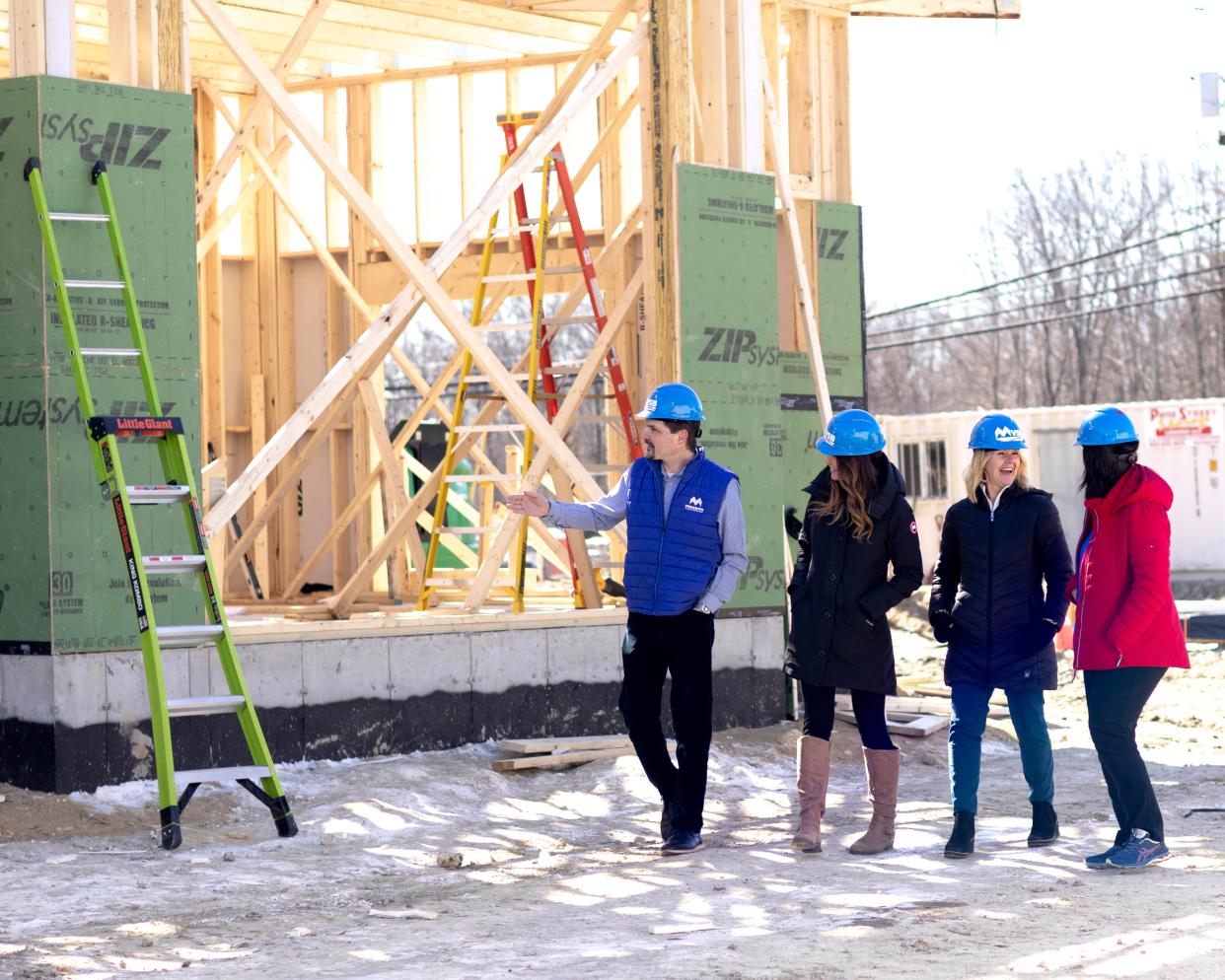 From left, Jim Carrigan, MVSB Regional Vice President, discusses the Bank’s new Exeter office currently under construction at 2 Meeting Place Drive. He is joined by Julie Clement, Vice President, Business Development & Small Business Lender, Deborah Miller, MVSB Mortgage Loan Officer NMLS# 2425328, and Angela Salb, Vice President, Commercial Loan Officer.