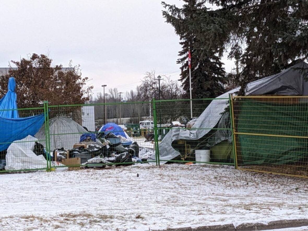 Tents are pictured in Smithers, B.C. Leaders in the northern B.C. city are appealing to the public for space to run a short-term shelter ahead of the winter.  (Submitted - image credit)