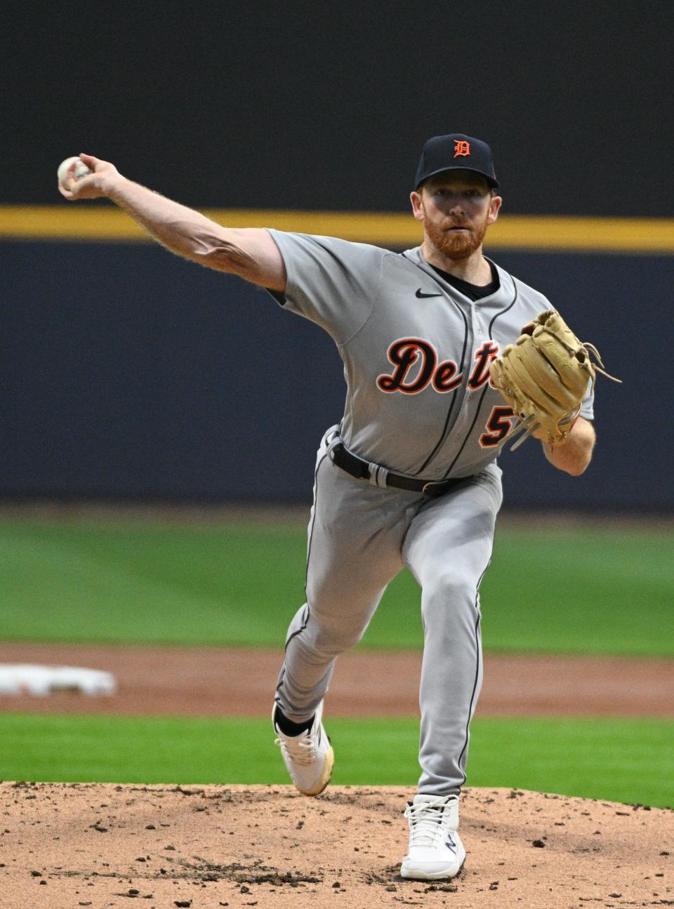 Detroit Tigers starting pitcher Spencer Turnbull (56) delivers a pitch against the Milwaukee Brewers in the first inning at American Family Field in Milwaukee on Tuesday, April 25, 2023.