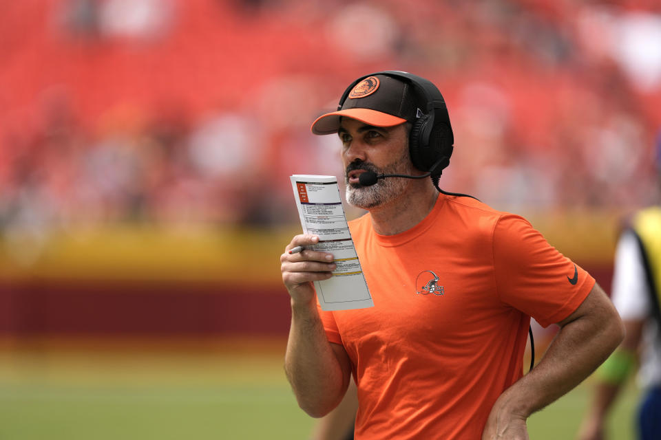 Cleveland Browns head coach Kevin Stefanski watches from the sidelines during the second half of an NFL preseason football game Saturday, Aug. 26, 2023, in Kansas City, Mo. The Chiefs won 33-32. (AP Photo/Charlie Riedel)