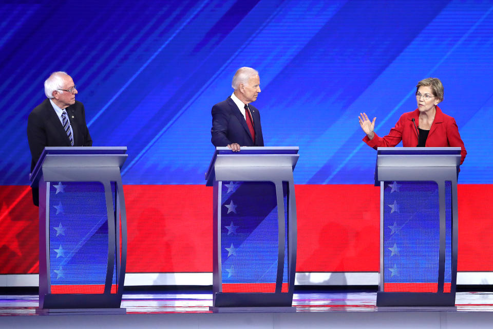 From left, Bernie Sanders, Joe Biden and Elizabeth Warren