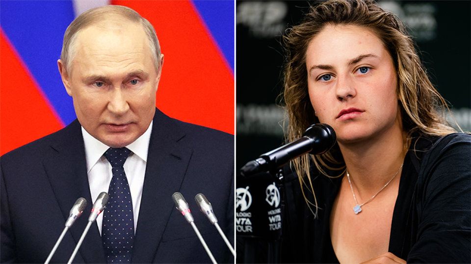 Ukraine tennis star Marta Kostyuk (pictured right) during a press conference and Russian president Vladimir Putin (pictured left) talking.