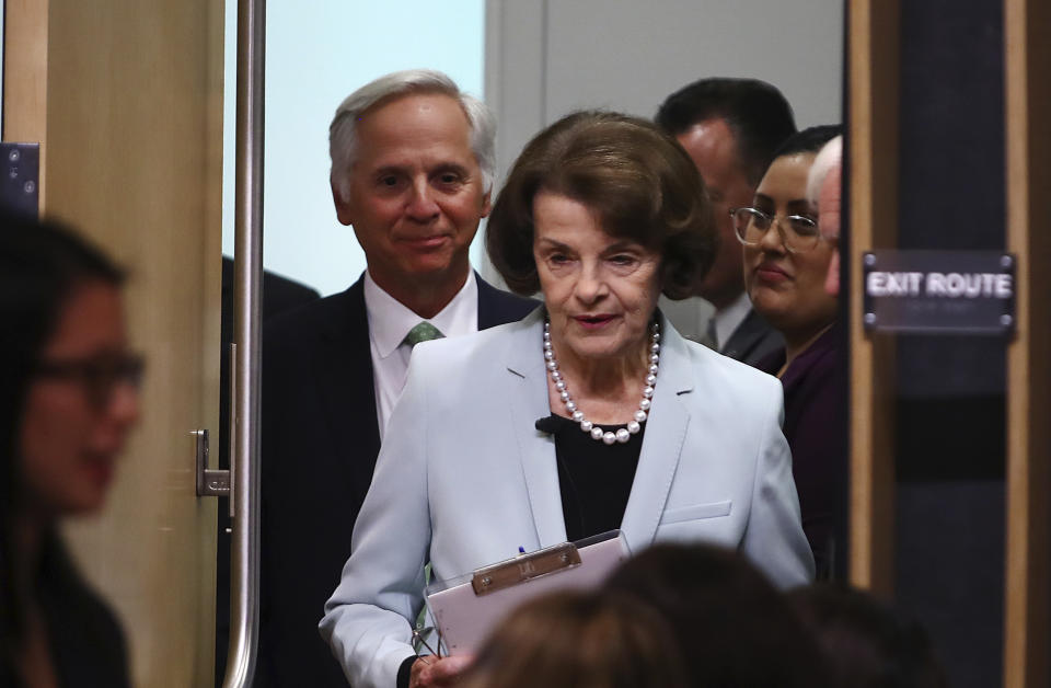 California Sen. Dianne Feinstein, D-Calif., arrives to debate California Sen. Kevin de Leon, D-Los Angeles, on Wednesday, Oct. 17, 2018, in San Francisco. Feinstein shared the stage with an opponent for the first time since 2000 when she debated state Sen. Kevin de Leon.The two Democrats are facing off in the Nov. 6 election. (AP Photo/Ben Margot)