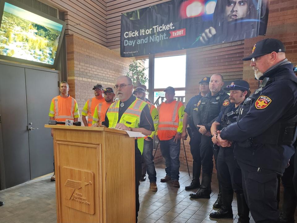 Local law enforcement attend the Click It or Ticket campaign kick off Thursday morning at the Texas Travel Information Center, located at 9700 East I-40, where roadway officials will work to reduce seatbelt related traffic accidents and fatalities.