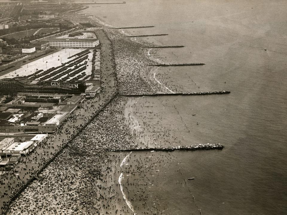 An aerial view of the crowds on Coney Island Beach during the Fourth of July