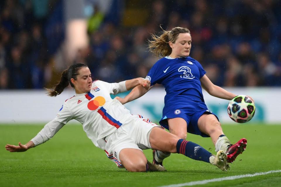 Cuthbert challenges Lyon’s Sara Däbritz at Stamford Bridge (Getty Images)