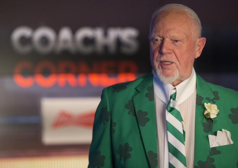 TORONTO, ON - MARCH 17: Don Cherry's Irish themed jacked for the St. Patrick's Day show. The meet around 530 pm to figure out what they will talk about and what clips to be shown. Behind the scenes at Hockey Night in Canada with broadcaster Ron McLean and hockey guru Don Cherry. .        (Rick Madonik/Toronto Star via Getty Images)