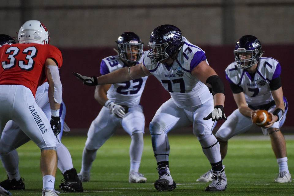 UW-Whitewater Warhawks offensive lineman Quinn Meinerz (77) is one of the best small-school prospects at the Senior Bowl. (Photo by Ken Murray/Icon Sportswire via Getty Images)