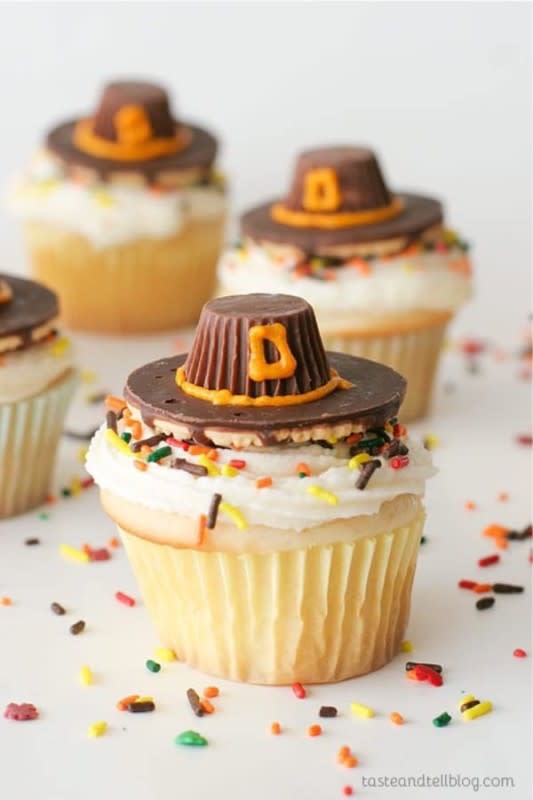 <p>Taste and Tell</p><p> White cupcakes with a classic buttercream are topped with an edible pilgrim hat.</p><p><strong>Get the recipe: </strong><a href="https://www.tasteandtellblog.com/pilgrim-hat-cupcakes/" rel="nofollow noopener" target="_blank" data-ylk="slk:Pilgrim Hat Thanksgiving Cupcakes;elm:context_link;itc:0;sec:content-canvas" class="link rapid-noclick-resp"><strong>Pilgrim Hat Thanksgiving Cupcakes</strong></a></p>