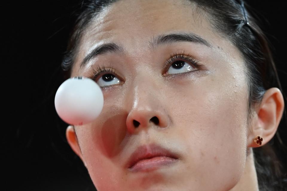 <p>Singapore's Yu MengYu serves to China's Chen Meng during their women's singles semifinals table tennis match at the Tokyo Metropolitan Gymnasium during the Tokyo 2020 Olympic Games in Tokyo on July 29, 2021. (Photo by JUNG Yeon-je / AFP)</p> 