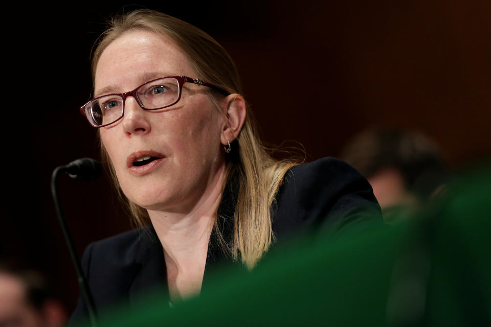 Hester Peirce testifies to the Senate Banking, Housing and Urban Affairs Committee on his nomination to be a member of the Securities and Exchange Commission on Capitol Hill in Washington, U.S., October 24, 2017.   REUTERS/Joshua Roberts