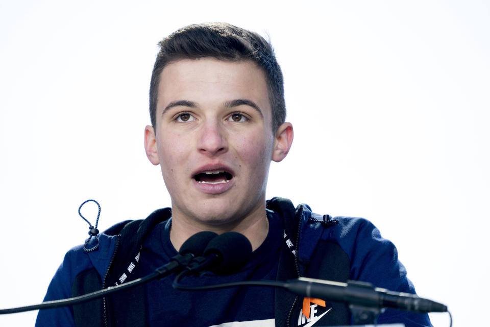 Cameron Kasky, a survivor of the mass shooting at Marjory Stoneman Douglas High School in Parkland, Fla., speaks during the “March for Our Lives” rally in Washington, March 24, 2018. (Photo: Andrew Harnik/AP)