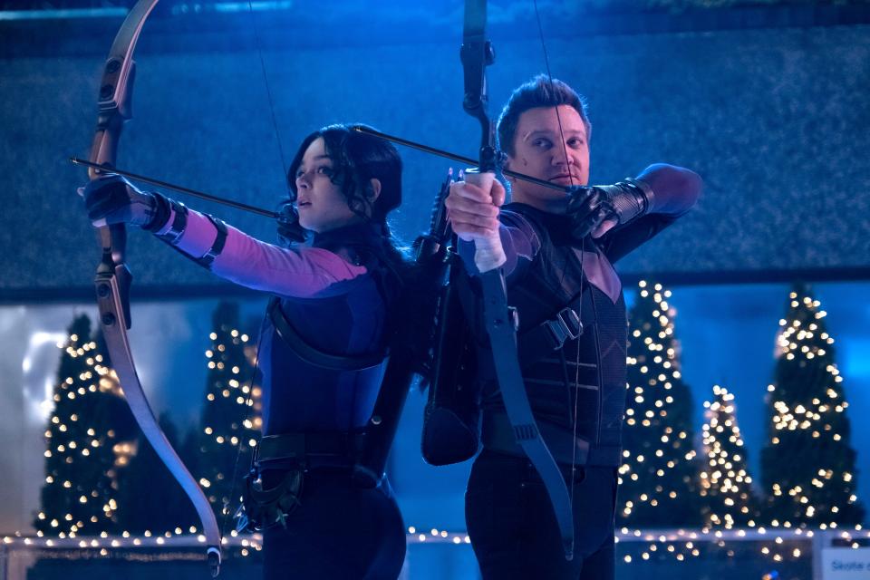 Kate Bishop (Hailee Steinfeld) and Clint Barton (Jeremy Renner) team up for a Christmastime adventure in Marvel's "Hawkeye" series.