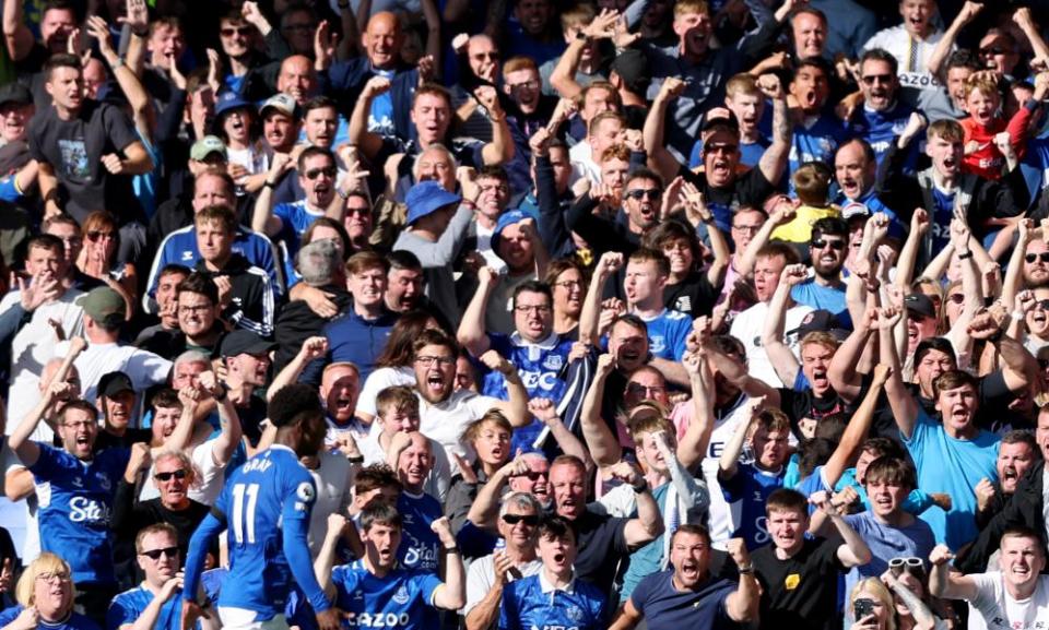 Demarai Gray of Everton celebrates with the fans after scoring his side’s first goal against Nottingham Forest.