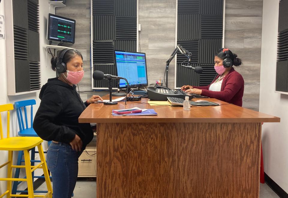 Lidia López and Flor López, who are not releated, broadcast "Voz de la Mujer Indígena" from Radio Indígena's programming booth in Oxnard in July.