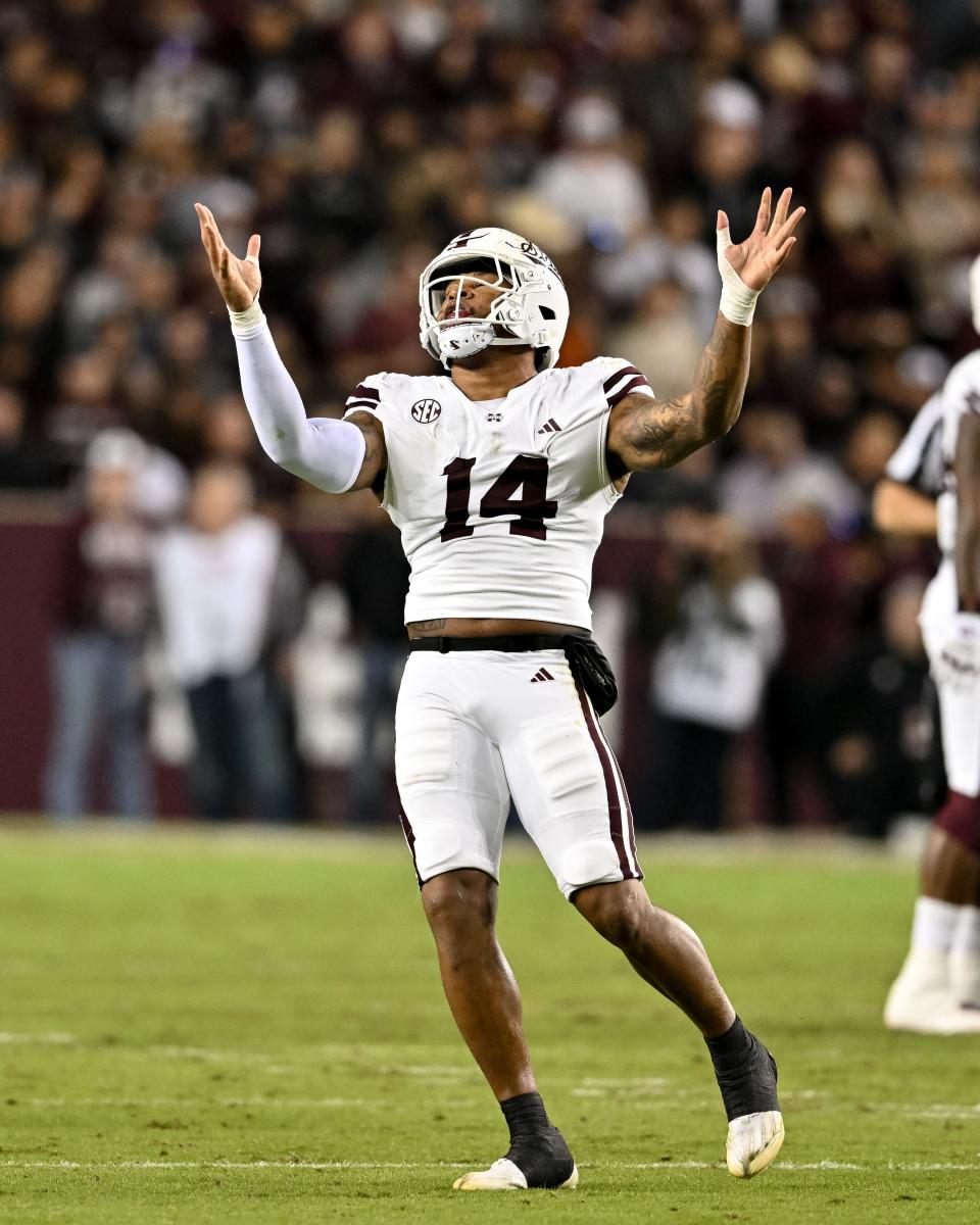 Mississippi State linebacker Nathaniel Watson reacts during the first quarter at Texas A&M, Nov. 11, 2023.