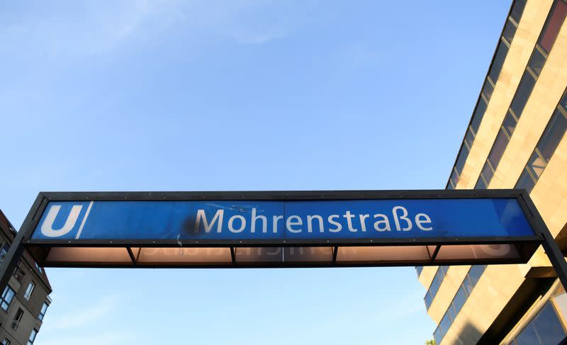 A sign for "Mohrenstrasse" subway station is seen in central Berlin