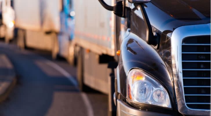 A close up of a tractor trailer truck