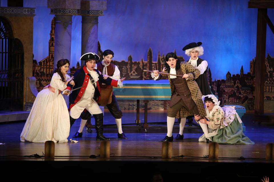 Bartolo's household is turned upside down in the finale of Act 1 of “Il Barbiere di Siviglia,” being presented by Florida State Opera at Oct. 26-28, 2023, at Ruby Diamond Concert Hall. From left: Ye Ji Lee, Eric Rieger, Cole Bellamy, Carter Houston, Derek Hale, Mary-Bradley Knighton.
