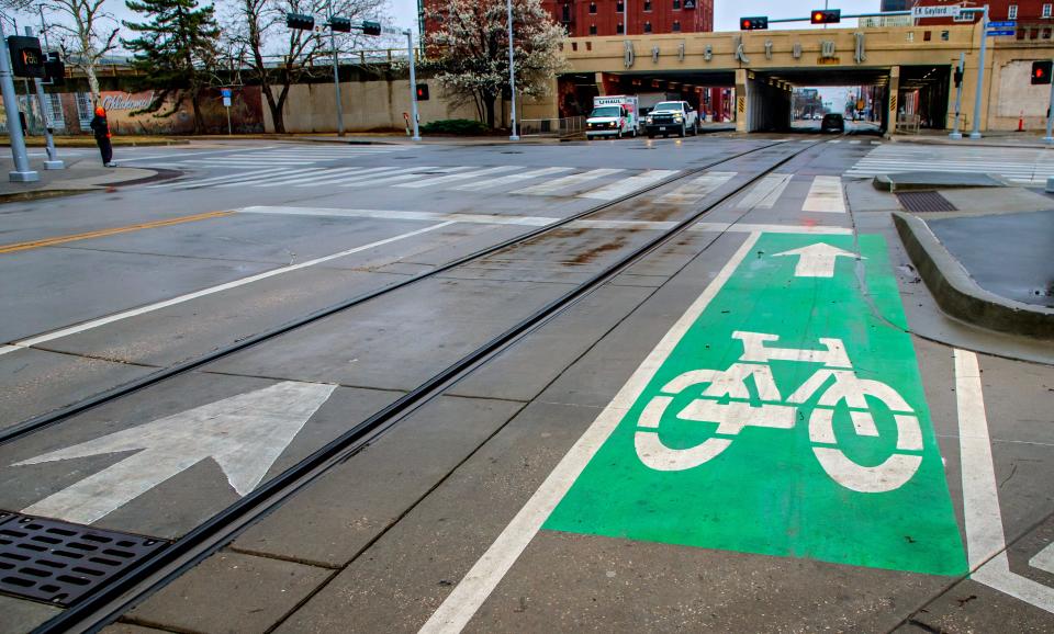 A short bike lane is pictured Thursday, March 9, 2023, alongside streetcar tracks going east on Sheridan Avenue in Oklahoma City.