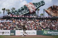San Diego Padres pitcher Dylan Cease works against the San Francisco Giants during the fifth inning of a baseball game in San Francisco, Friday, April 5, 2024. (AP Photo/Eric Risberg)