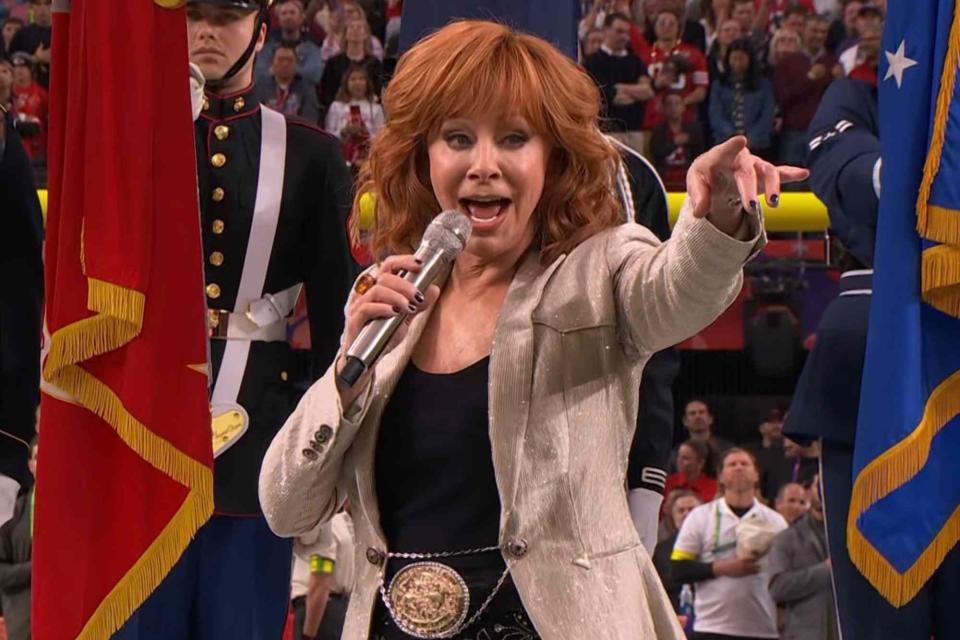 <p>CBS</p> Reba McEntire performs at the 2024 Super Bowl